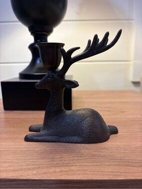 Vintage Bronze Cast Iron Deer Candle Holder Buck Reindeer Antler Woodland Forest